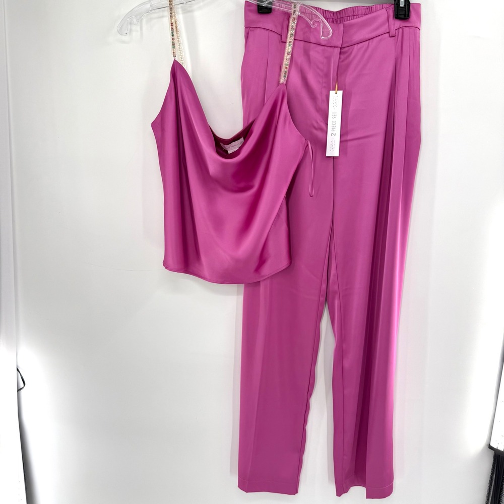 House of Harlow 1960 2 Piece Set Womens S Pink New Satin Rhinestone Cami Pants